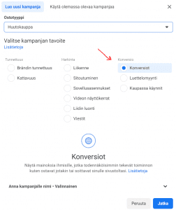 konversiot facebook kampanja tavoitteeksi konveriot