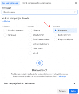 facebook kampanja tavoitteeksi konveriot